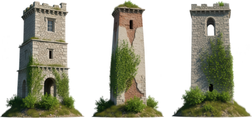 Three weathered stone towers adorned with lush green ivy stand on grassy mounds evoking a sense of ancient history and romantic decay medieval tower ancient ruin ivy covered transparent background