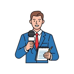 Male News Reporter Holding Microphone and Notebook.