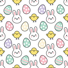 Obraz premium Playful Easter Seamless Pattern with Bunnies, Chicks, and Eggs for Easter Day Celebration