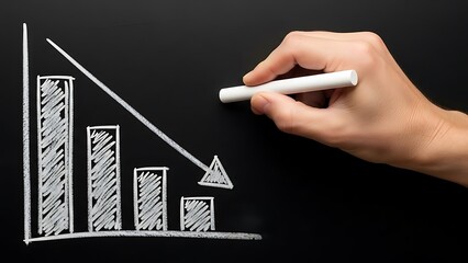 Hand drawing a declining bar graph with a downward trend line and arrow using white chalk on a dark chalkboard background symbolizing a recession or loss.