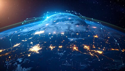 A composite of planet Earth, highlighted by city lights, framed by a network of connecting points in space