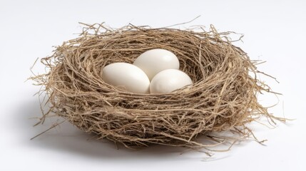 The nest with three white eggs resting on a clean white studio background