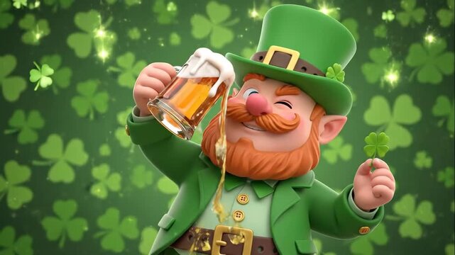 Cartoon leprechaun character in green attire joyfully raises a beer mug while holding a shamrock, celebrating St. Patrick's Day with festive background of clovers