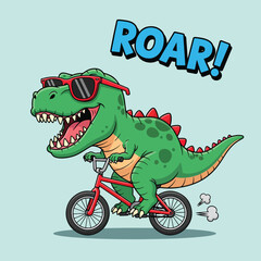 Funny Cartoon TRex Dinosaur Riding a Bicycle with Sunglasses. © NFS Studio