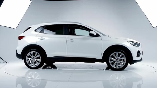 Silver luxury SUV automobile and toy vehicle model isolated on a white background and driving on a speed road illustration vector