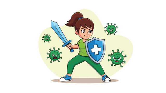 Girl Fighting Viruses with Sword and Shield.