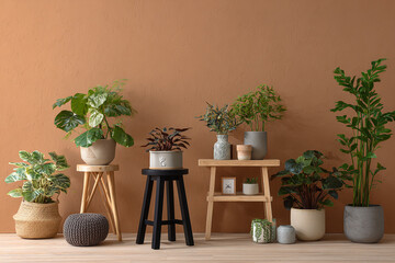 Diverse collection of potted houseplants arranged on wooden stands against a warm terracotta wall
