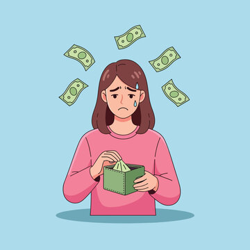 Sad woman looking into an empty wallet with money flying away symbolizing financial problems and poverty.