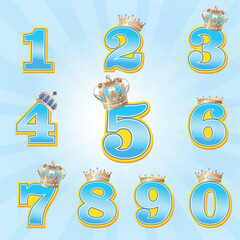 Sky Blue Royal Numbers 0-9. Birthday Age Digits with Crowns. Boy Party.