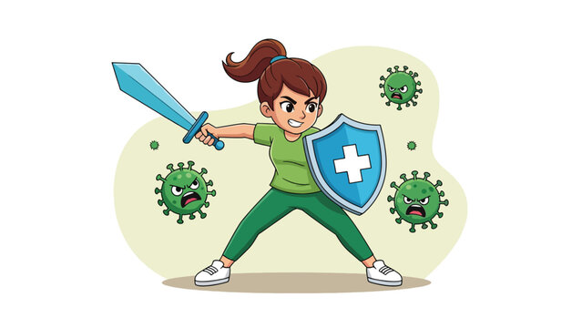 Young girl fighting off viruses with sword and shield.
