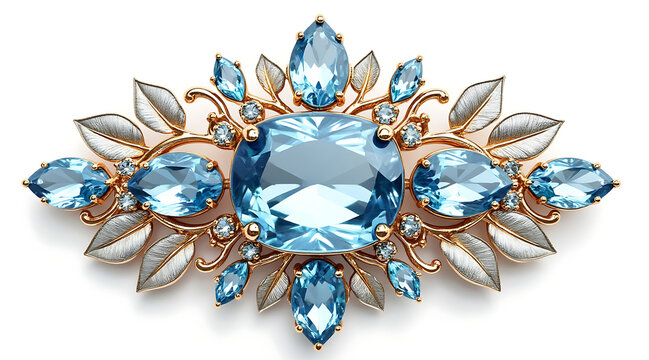 Blue gemstone brooch with gold setting and silver leaf accents, featuring luxurious design with sparkling topaz stones and elegant craftsmanship