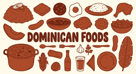 Dominican Foods Icon Set. Caribbean Cuisine. A hand drawn vector collection of sancocho, mofongo, tostones, rice and beans for a restaurant menu, travel guide, and cultural food illustration. © MH HASIB