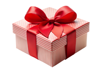 Red and white striped gift box with red bow on black background