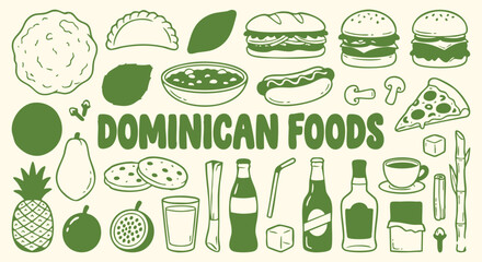 Dominican Republic Icon Set. Caribbean Food. A green vector collection of mangú, tropical fruits, burgers, soup and sugarcane for a restaurant menu, travel brochure, and island culture guide. © MH HASIB