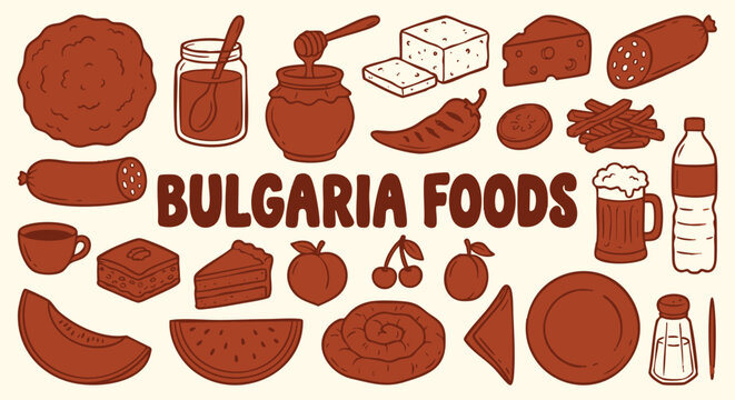 Bulgaria Foods Icon Set. A hand drawn vector collection of banitsa, yogurt, sausage, peppers and traditional dishes for an Eastern European travel guide, restaurant menu, and cultural art.