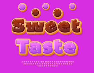 Fototapeta premium Vector Delicious sticker Sweet Taste. Tasty Violet Glazed Font. Donut style Alphabet Letters and Numbers set