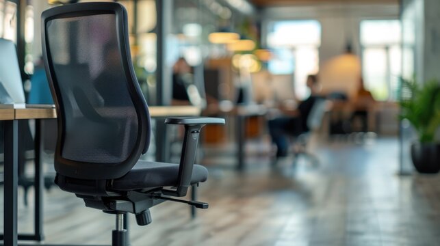 An empty ergonomic office chair in a modern workspace. The background features blurred desks and people working. Natural light illuminates the area.