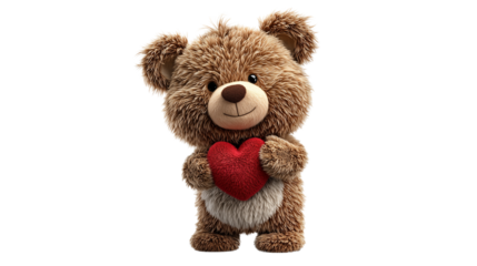 Cuddly brown teddy bear holding a red heart shaped object isolated on transparent background