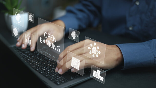 Open banking concept with secure data sharing, API integration and digital financial services. Modern fintech ecosystem enabling innovation, transparency and customer-centric banking solutions.