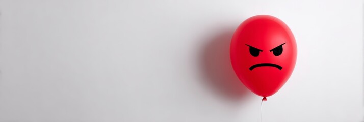 Banner image of emotional symbol, angry red balloon with face on light wall with copy space, concept of rage and communication, horizontal photo
emotion, communication, banner, mood, symbol, conflict