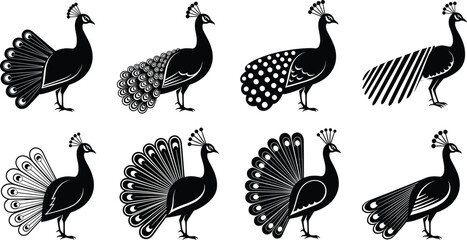 Peacock Silhouette Pattern Icon Set with Decorative Tail Variations for Ornamental Art, Logo, and Graphic Design