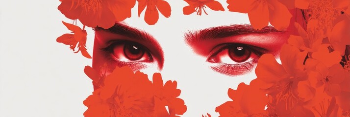Abstract horizontal artwork of intense look through red floral frame, female eyes in red tones expressing mystery and emotion, close-up concept banner with copy space
emotion, beauty, identity