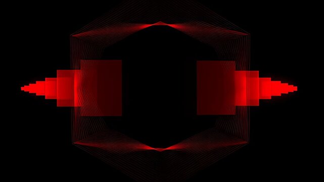 Abstract neon geometric shapes transforming from blue to red in a rhythmic seamless loop, depicting a futuristic digital audio visualizer concept.