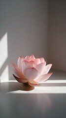 Delicate pink lotus flower in soft sunlight placed on white surface, symbol of purity and mindfulness
spa, meditation, inner peace, yoga, luxury, wellness, minimal design, relaxation and spirituality 