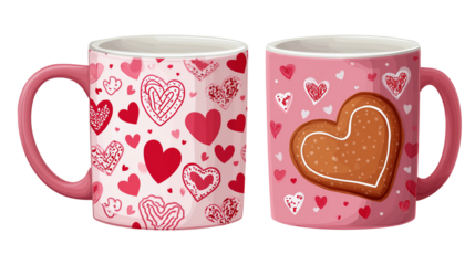 Two pink heart patterned coffee mugs on transparent background
