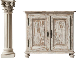 Obraz premium Ornate classical column and a distressed antique cabinet with double doors and ornate metal handles depicting timeless elegance furniture wood vintage rustic interior design transparent background