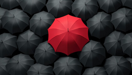 A vibrant red umbrella is surrounded by numerous black umbrellas, creating a striking contrast. This overhead shot highlights the uniqueness of the red umbrella amidst uniformity.
