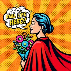 Comic book style illustration of a woman wearing a red cape holding flowers with speech bubble proclaiming my real life hero