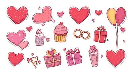 Collection of cute valentines day icons and gifts on white isolated on transparent background