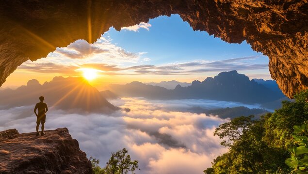 Man enjoys a breathtaking sunrise over a sea of clouds from a mountain cave.