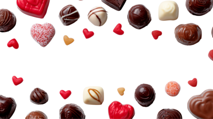 Assorted chocolates and hearts floating on transparent background for valentines day