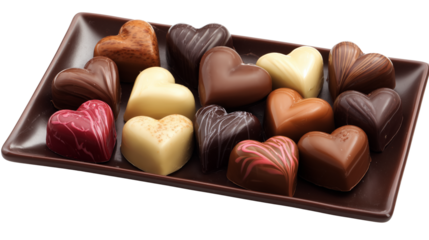 Assorted heart shaped chocolates on a brown plate isolated on transparent background