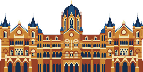 Historic Chhatrapati Shivaji Maharaj Terminus building featuring gothic revival architecture with central dome and turrets representing famous railway station landmark of Mumbai in India. © VectaNoor