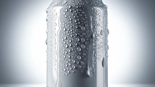Soda can with water droplets and splash on gray background