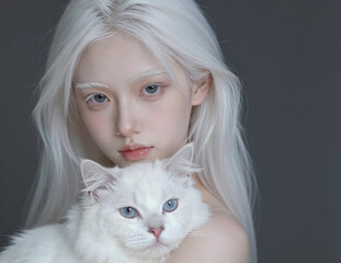 A serene portrait shows a young East Asian woman with white hair and pale features holding a white, blue-eyed cat against a dark grey backdrop.