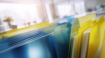 The colorful translucent acrylic dividers creating abstract light and depth in modern office