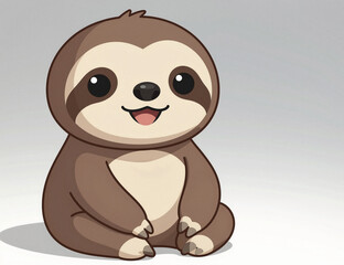 Fototapeta premium An adorable, stylized cartoon sloth sits facing forward, featuring large black eyes and a happy expression.