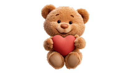 Cute brown teddy bear holding red heart toy isolated on transparent background