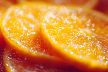 fruit photography, close-up macro shot of vibrant, juicy citrus fruits with bursting pulp and a wet, glossy surface, bathed in soft, diffused light