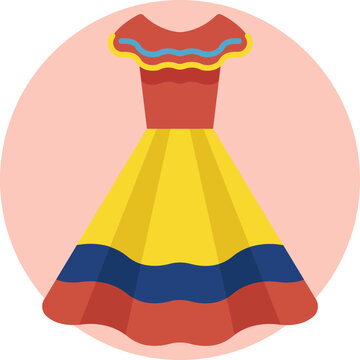 A traditional Ecuadorian dress icon featuring a flared skirt and decorative details inspired by indigenous clothing.