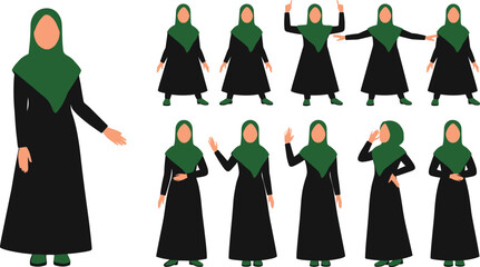 Muslim Woman Character Poses Illustration Set Wearing Hijab and Abaya for Education, Culture, Presentation, Animation, and Islamic Lifestyle Design © Sanjida