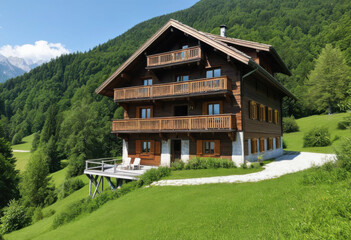 Obraz premium Alpine wooden chalet in Slovenia, with balcony, summer mountains views