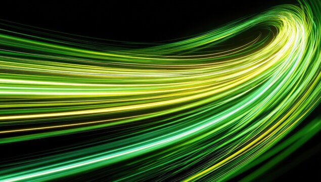 Flowing luminous green and yellow light streaks against a dark background