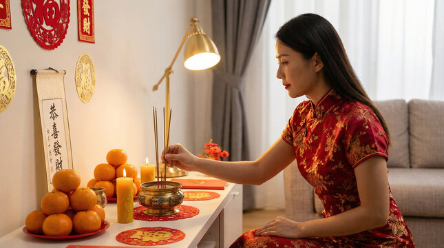 Young Asian woman in red cheongsam praying with incense sticks at a home altar during Chinese New Year celebration.