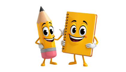A cartoon pencil and notebook with smiling faces on transparent background