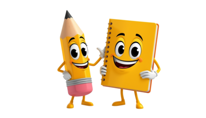 A cartoon pencil and notebook with smiling faces on transparent background